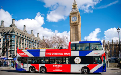 Tootbus tour bus near Big Ben in London.