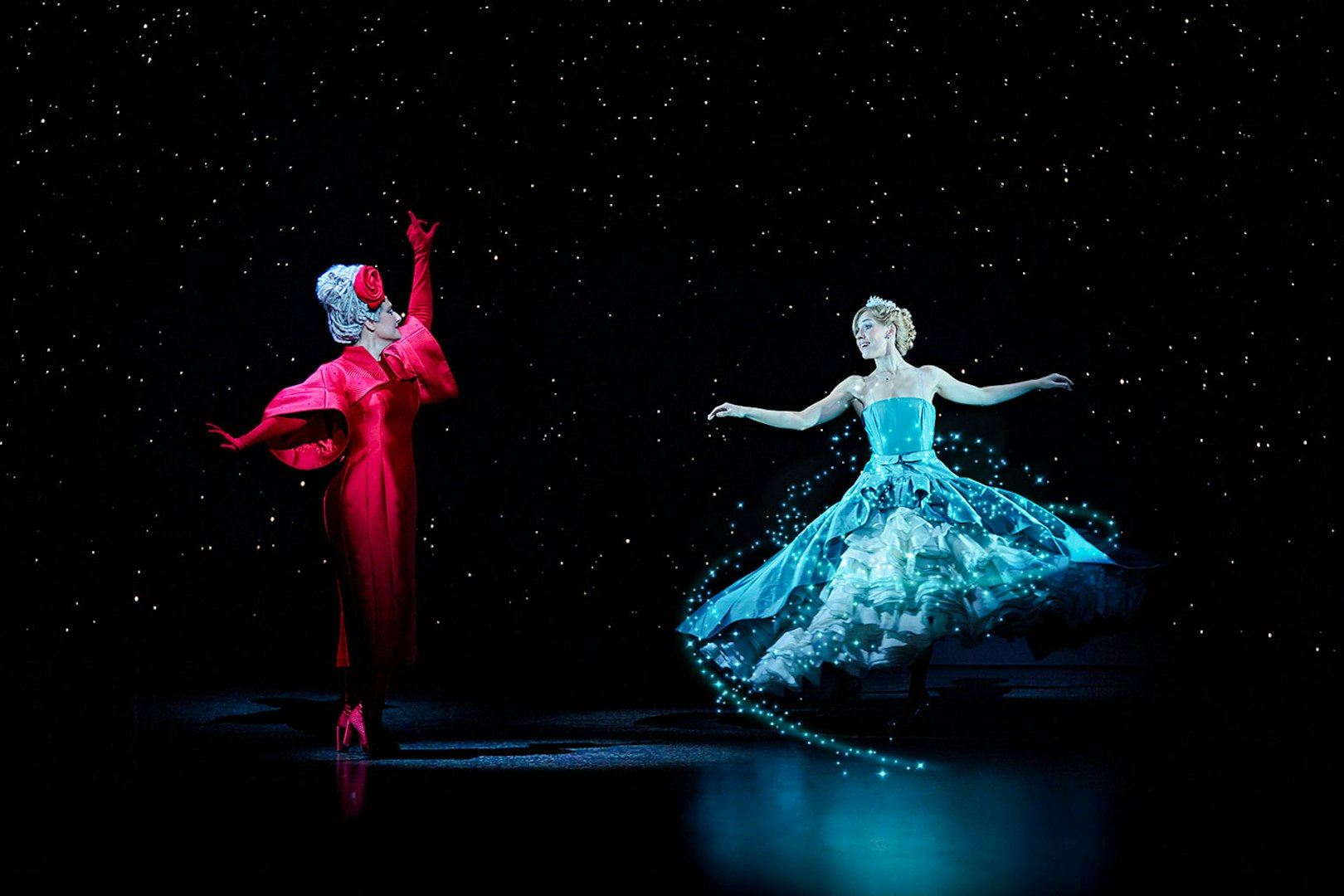 Cinderella and fairy godmother on stage during Madrid performance.
