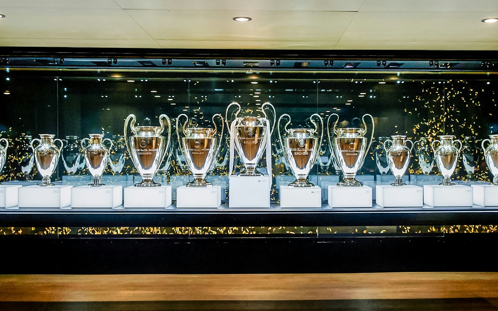 Trophies displayed at Santiago Bernabeu Stadium in Madrid, Spain.