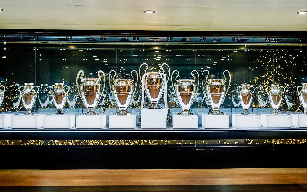Trophies on display at Santiago Bernabeu Stadium.