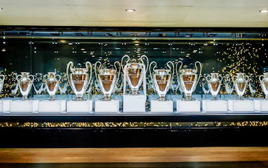 Trophies on display at Santiago Bernabeu Stadium.