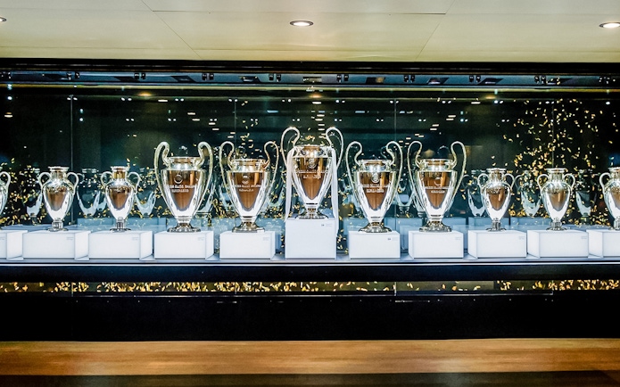 Trophies on display at Santiago Bernabeu Stadium.