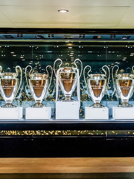 Trophies on display at Santiago Bernabeu Stadium.