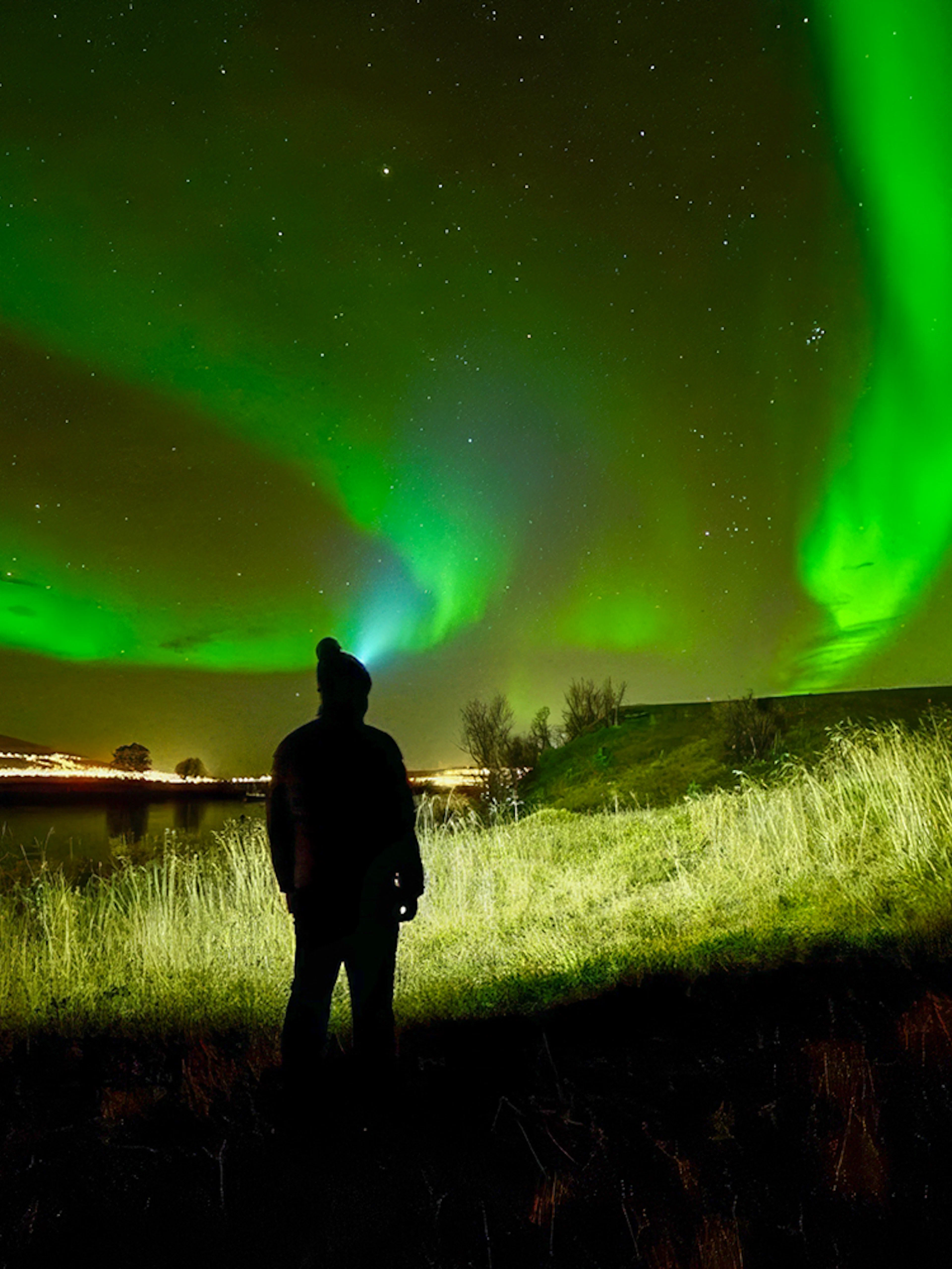Person watching Northern Lights in night sky during aurora borealis tour.