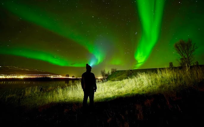 Person watching Northern Lights in night sky during aurora borealis tour.