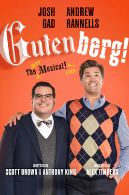 Actors performing on stage in "Gutenberg! The Musical!" with a vibrant set design.