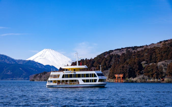 Hakone sightseeing cruise on Lake Ashi with Mount Fuji and torii gate in the background.
