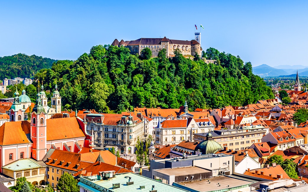 Ljubljana Castle atop a forested hill overlooking the city rooftops.