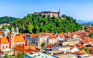 Ljubljana Castle atop a forested hill overlooking the city rooftops.