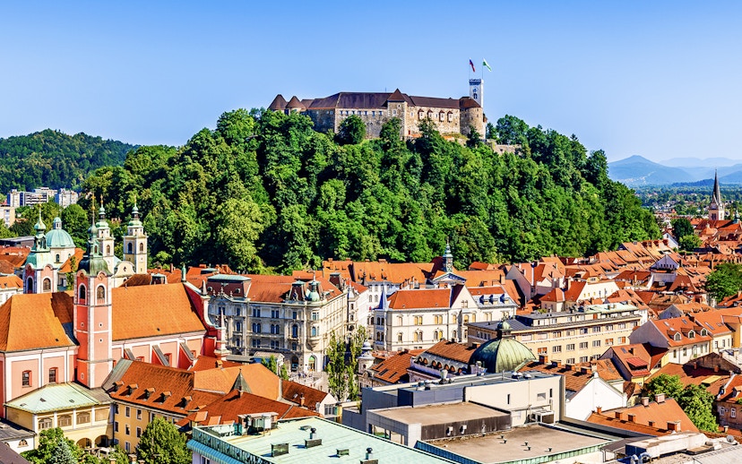 Ljubljana Castle atop a forested hill overlooking the city rooftops.