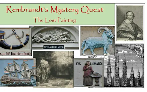 Amsterdam Rembrandt's Lost Painting self-guided city exploration game collage with historical art and landmarks.