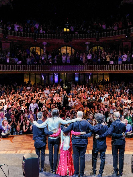 Flamenco artists greet audience at Palau de la Música, Barcelona.