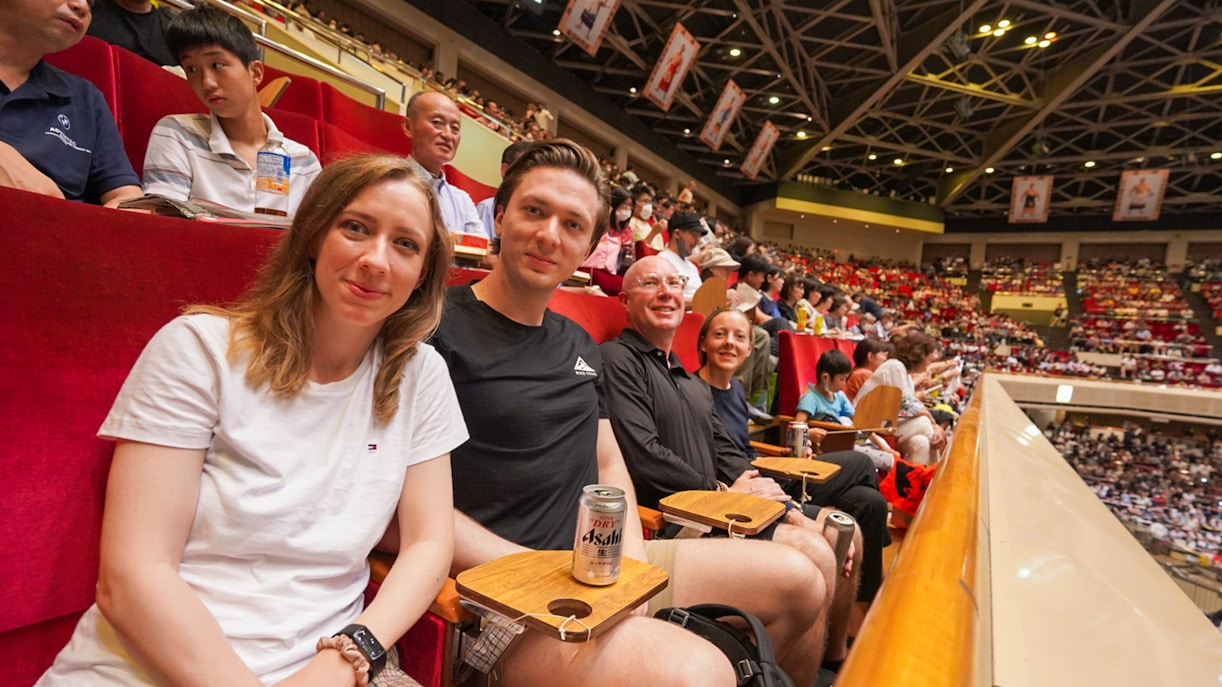 Spectators seated at Tokyo Sumo Wrestling Tournament in Ryogoku.