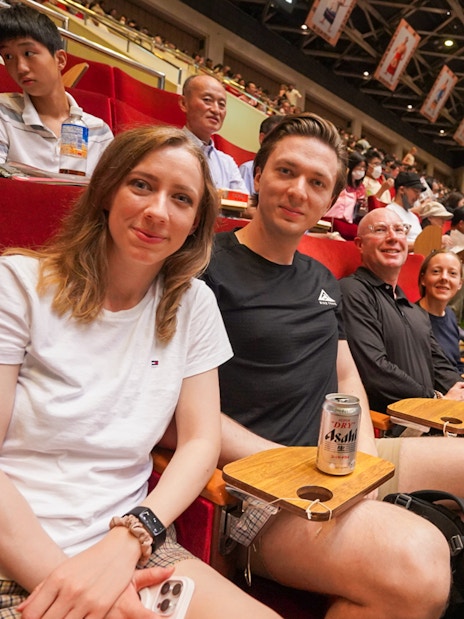 Spectators seated at Tokyo Sumo Wrestling Tournament in Ryogoku.