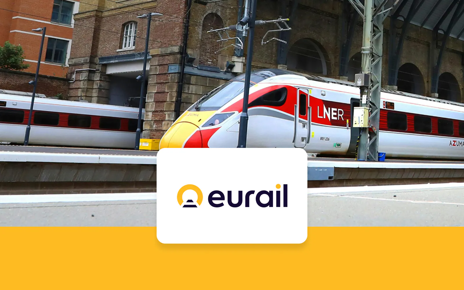 LNER train at a European station platform with Eurail logo.