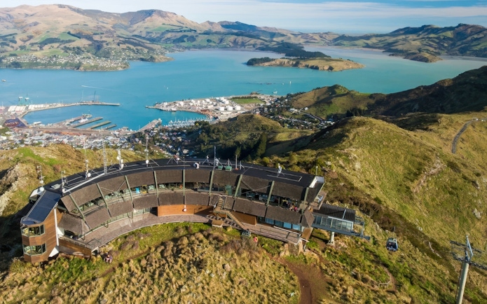 Panoramic view from gondola ride overlooking Christchurch harbor and hills.
