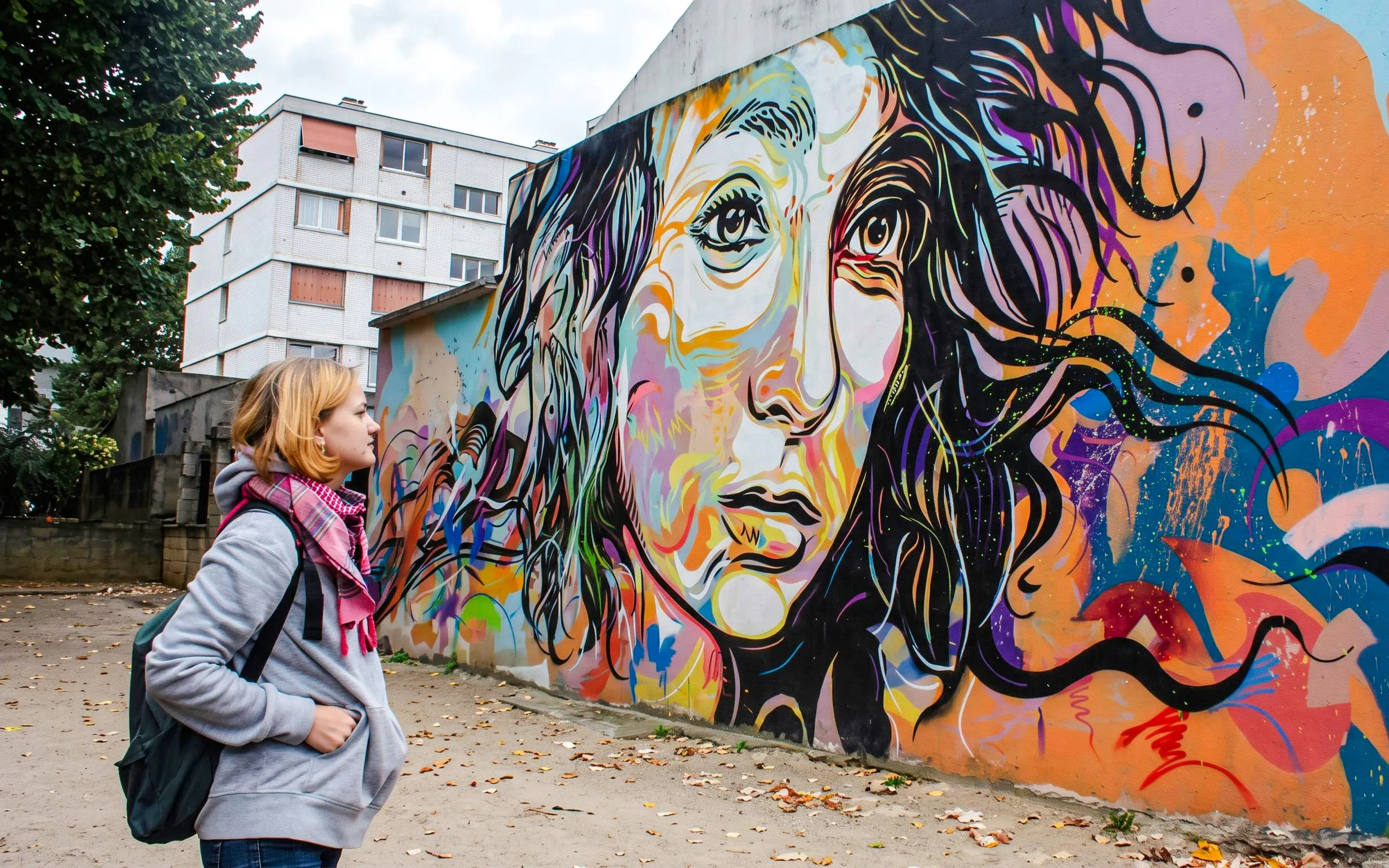 Person observing colorful mural in Montmartre during street art tour.