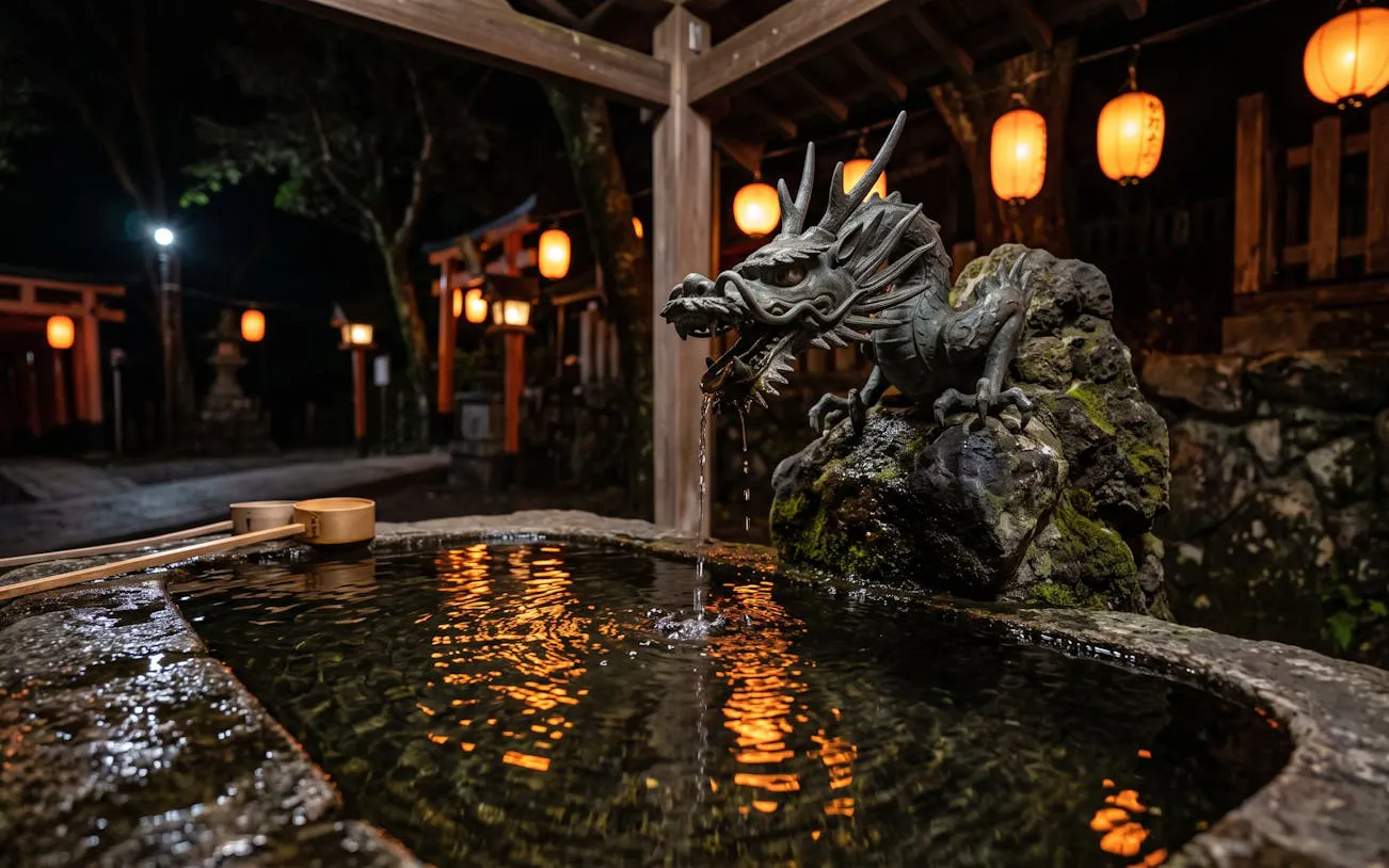 Dragon fountain at Fushimi Inari, Kyoto, with lanterns illuminating the night.