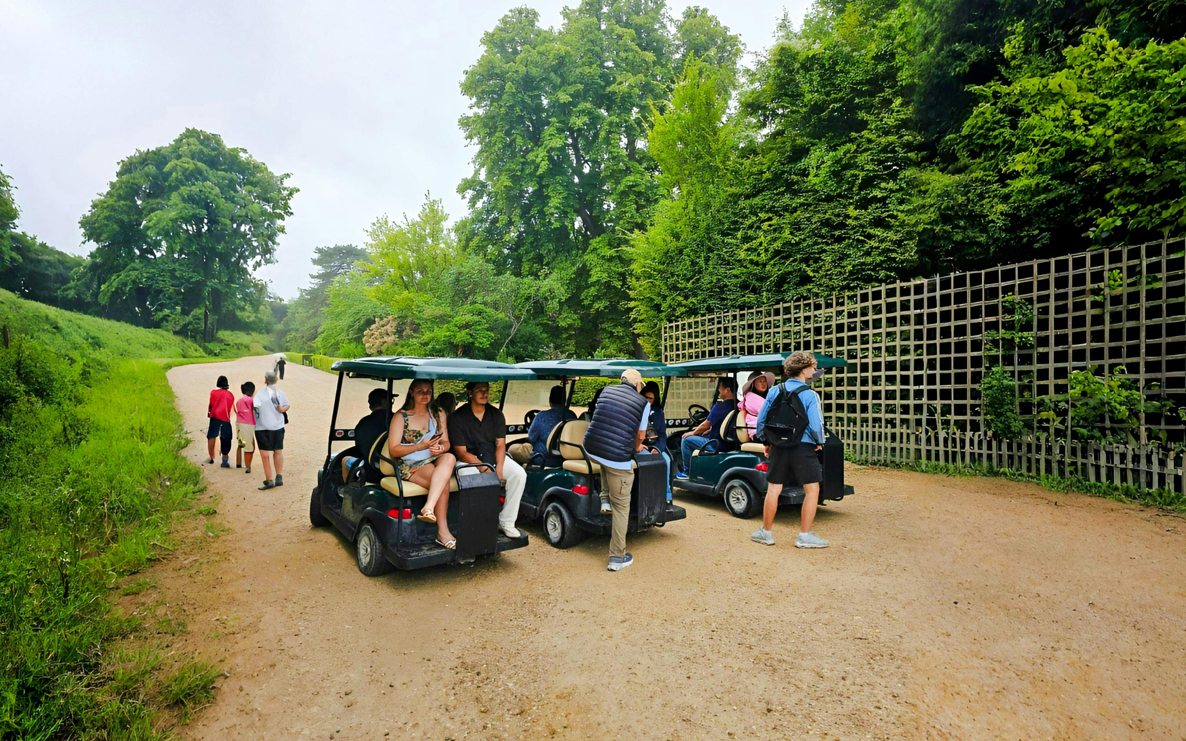 Tourists on golf carts during Versailles guided tour through lush gardens.
