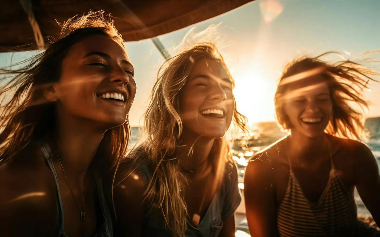 Friends enjoying a sunset boat party cruise in Lisbon with a DJ and open bar.