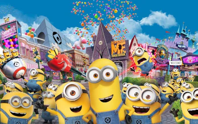Minions at Universal Studios Singapore's Despicable Me attraction with colorful buildings and balloons.