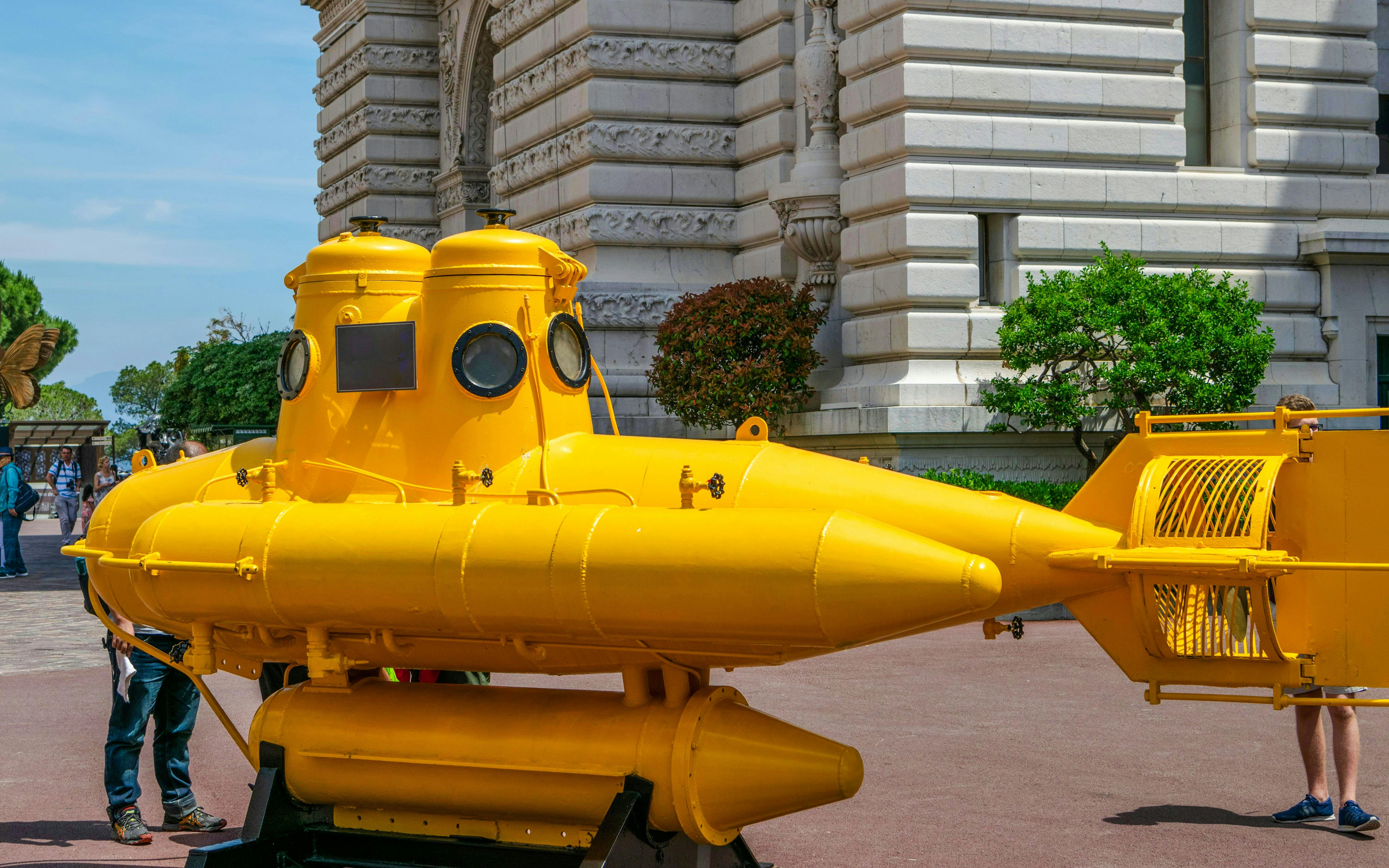 Yellow submarine exhibit outside Oceanographic Museum in Monaco.