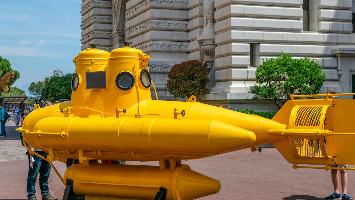 Yellow submarine exhibit outside Oceanographic Museum in Monaco.