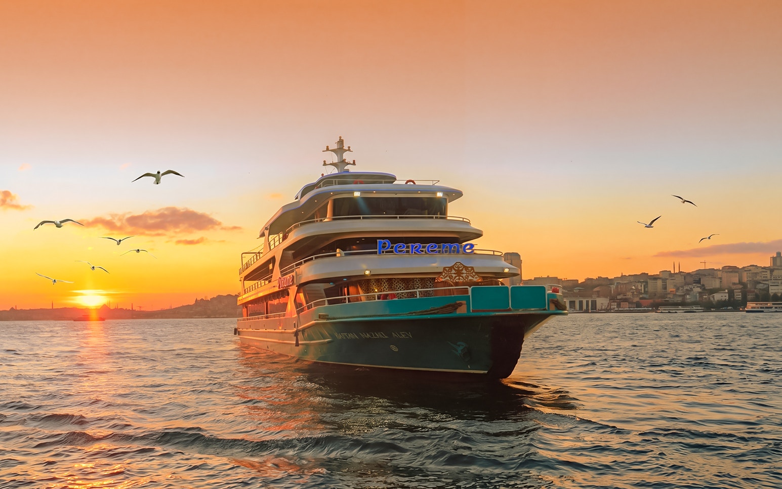 Cruise ship on Bosphorus at sunset with city skyline and seagulls.