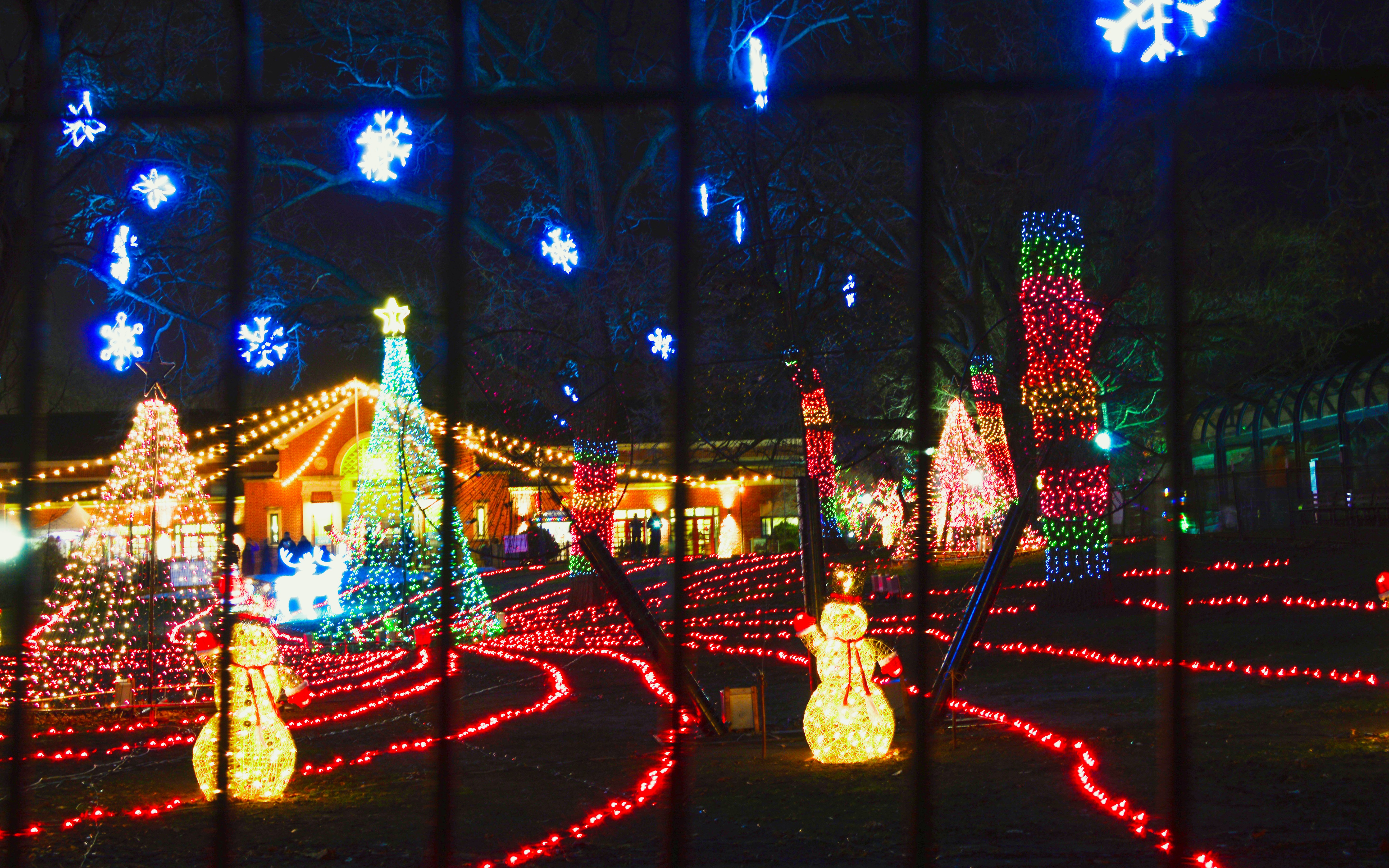 Lincoln Park ZooLights display with illuminated snowmen and trees in Chicago during Christmas.