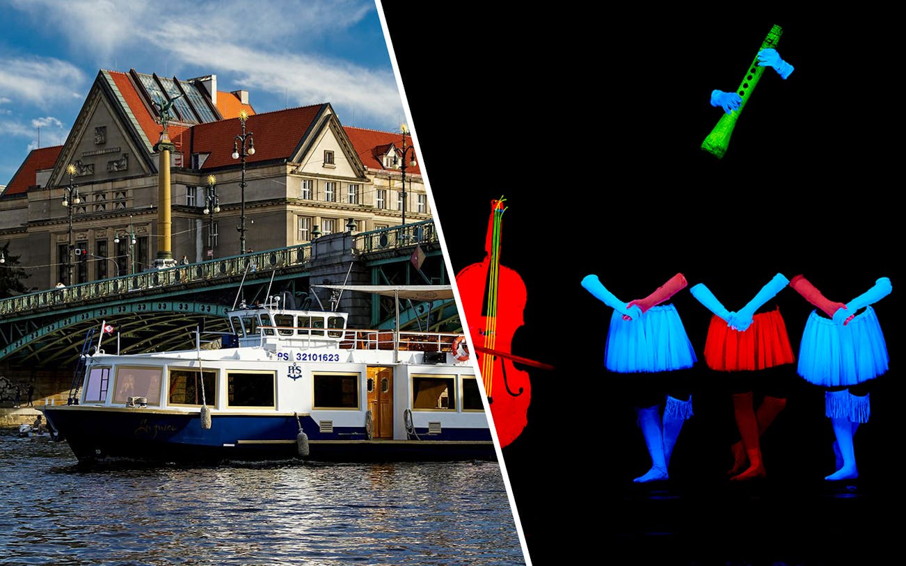 Vltava River cruise boat and WOW Show Black Light Theater performance in Prague.