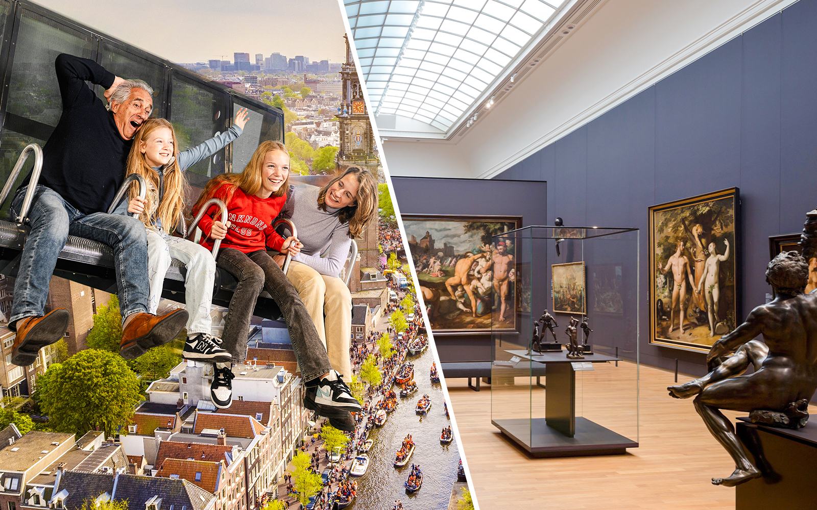 Family enjoying This is Holland experience; Rijksmuseum interior with classic paintings.