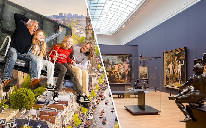 Family enjoying This is Holland experience; Rijksmuseum interior with classic paintings.