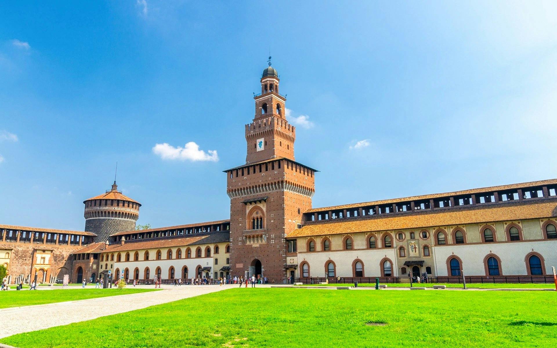 Sforza Castle courtyard with central tower in Milan, Italy.