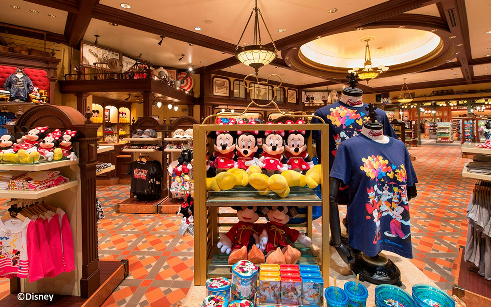 Hong Kong Disneyland gift shop with colorful merchandise displays.