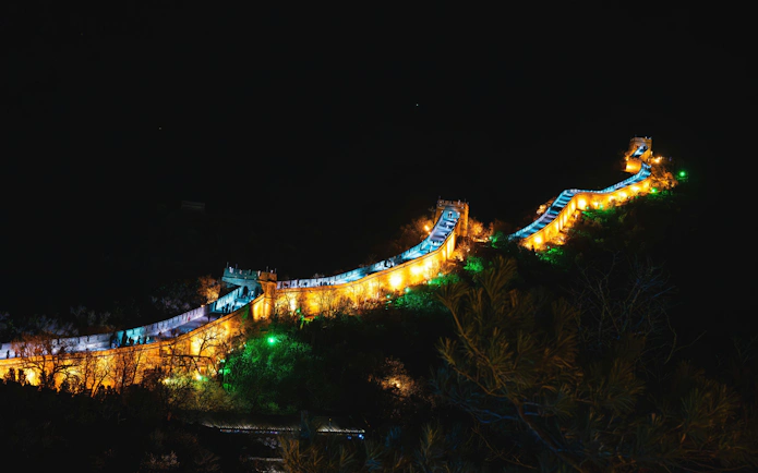 Badaling Great Wall illuminated at night, Beijing, China.