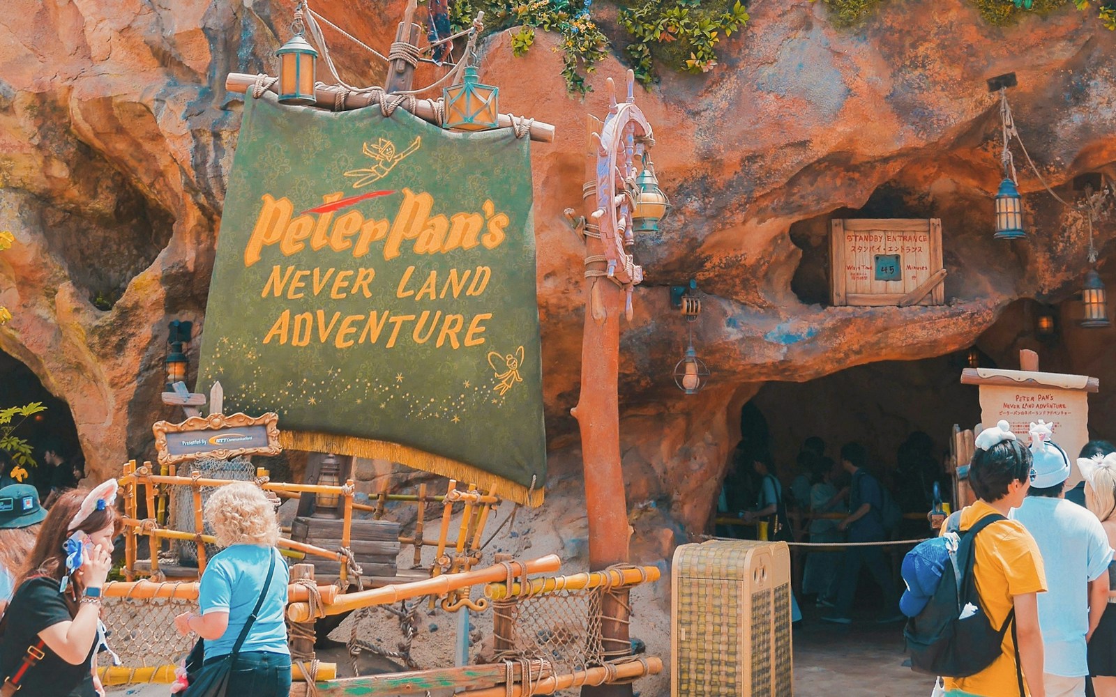 Peter Pan's Flight ride at Disneyland Tokyo with flying pirate ship over London skyline.