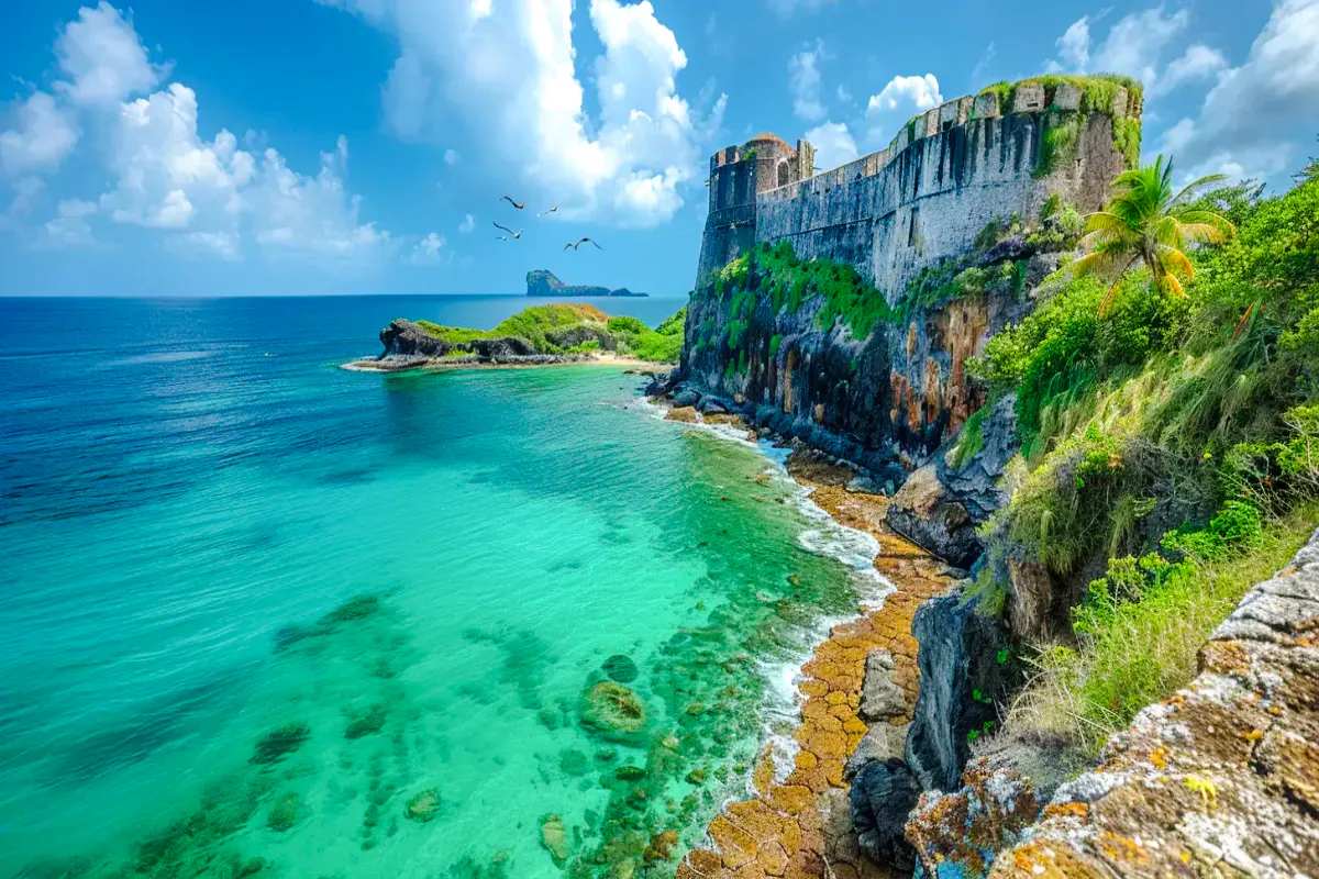 Cliffside view of turquoise waters and rocky shoreline on Noronha Island tour.