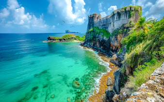 Cliffside view of turquoise waters and rocky shoreline on Noronha Island tour.