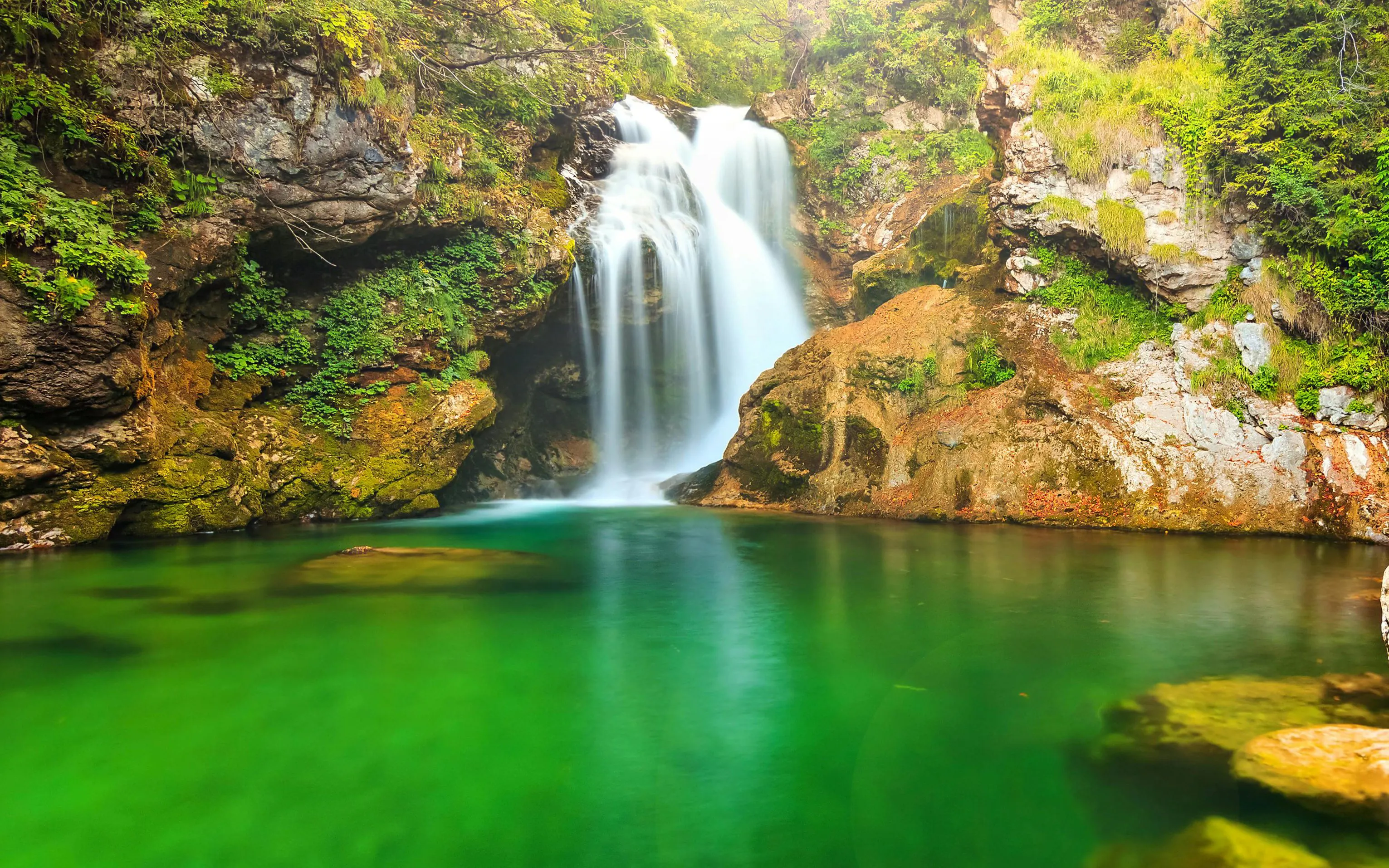 Waterfall in Vintgar Gorge, Slovenia with lush greenery and clear pool.