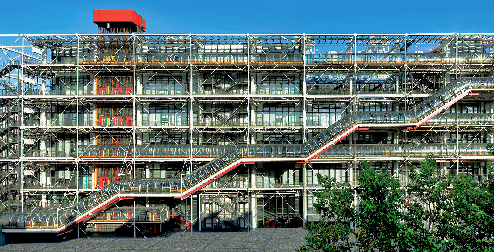 Centre Pompidou exterior with colorful pipes and modern architecture in Paris, France.