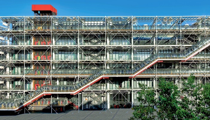 Centre Pompidou exterior with colorful pipes and modern architecture in Paris, France.