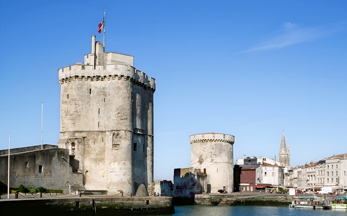 Towers of La Rochelle overlooking the harbor in Loire Valley, France.