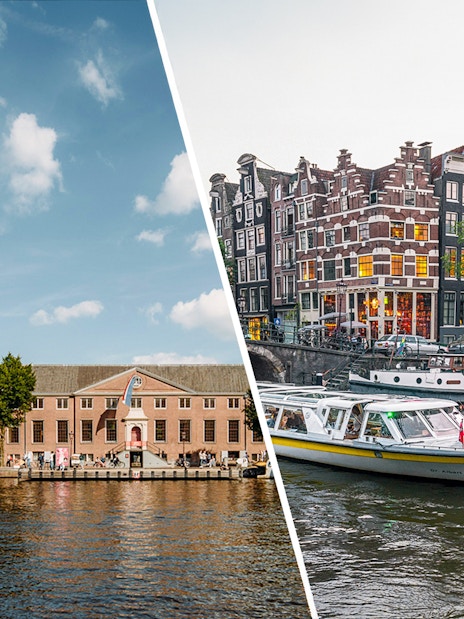 Amsterdam canal cruise with historic buildings and boats along the water.