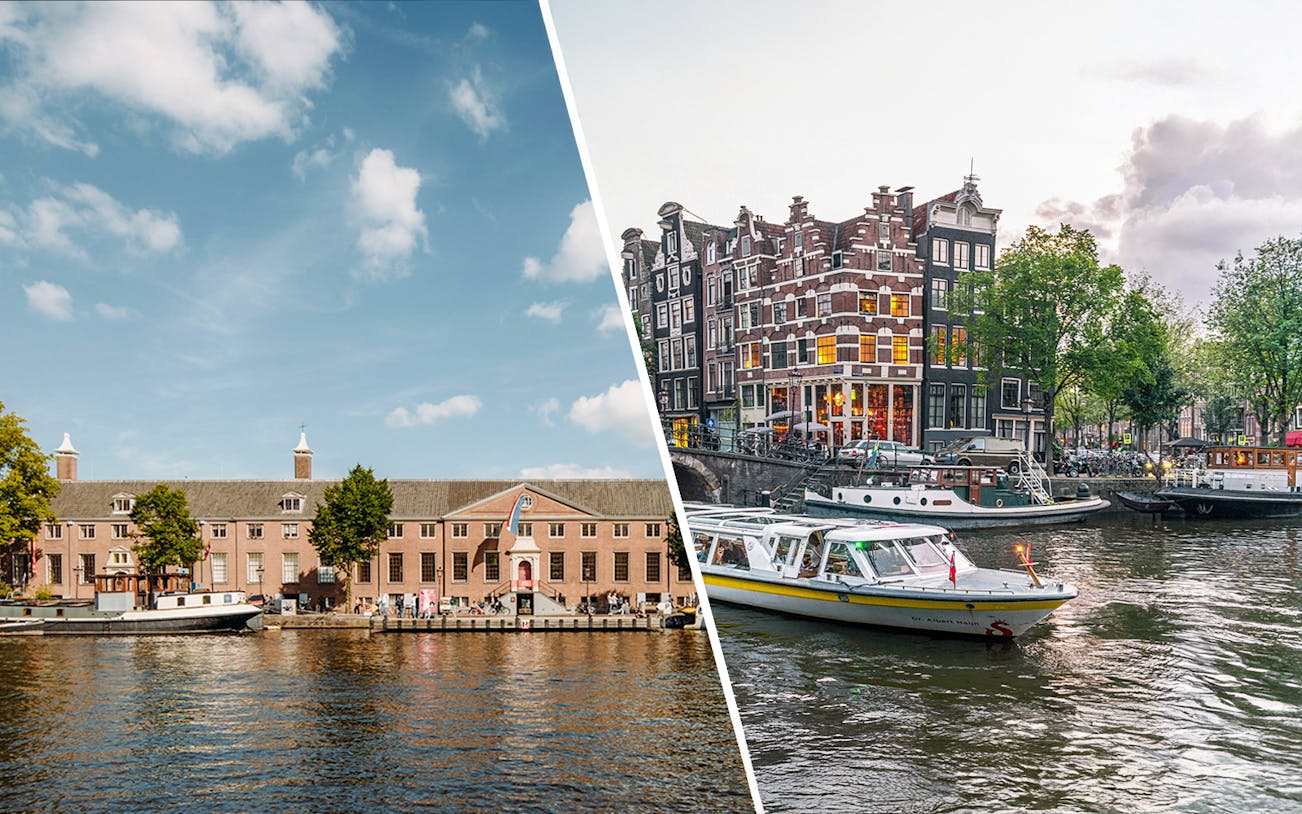 Amsterdam canal cruise with historic buildings and boats along the water.