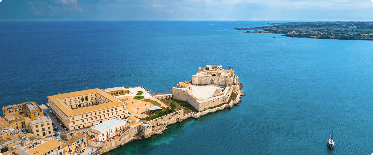 Aerial view of Castello Maniace on Ortigia Island, Siracusa, Italy.