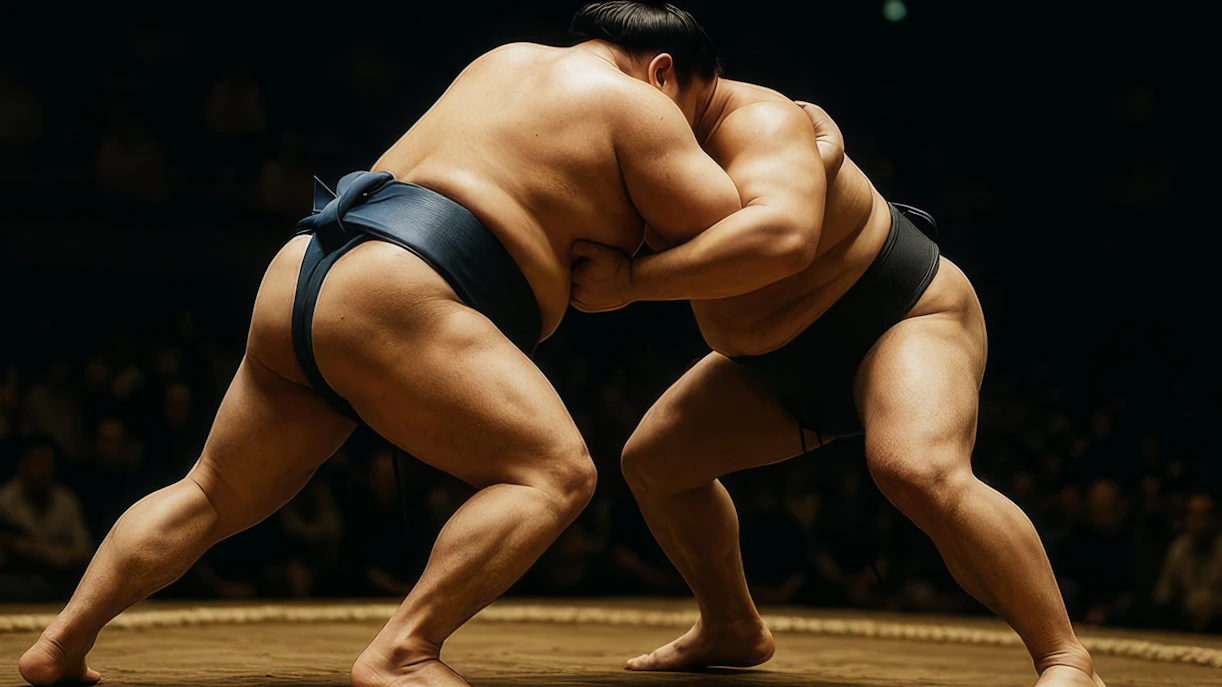 Sumo wrestlers grappling in a traditional match in Japan.