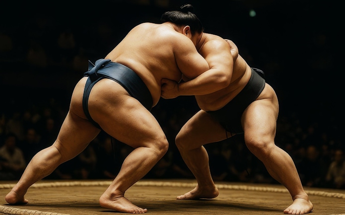 Sumo wrestlers grappling in a traditional match in Japan.