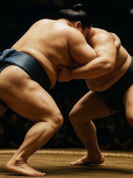 Sumo wrestlers grappling in a traditional match in Japan.