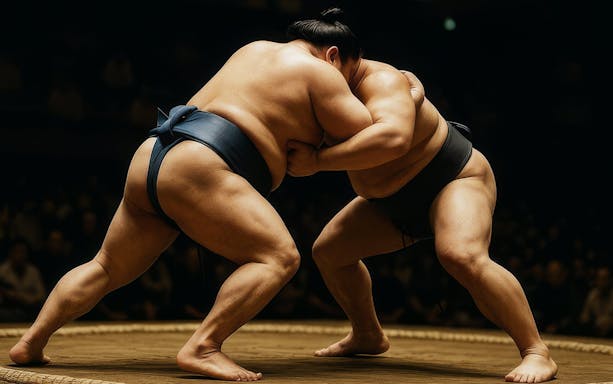 Sumo wrestlers grappling in a traditional match in Japan.
