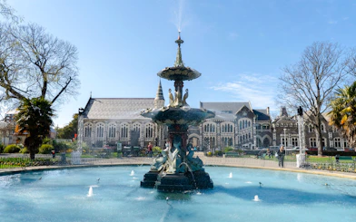 Fountain in front of Christchurch's historic building on the walking tour route.
